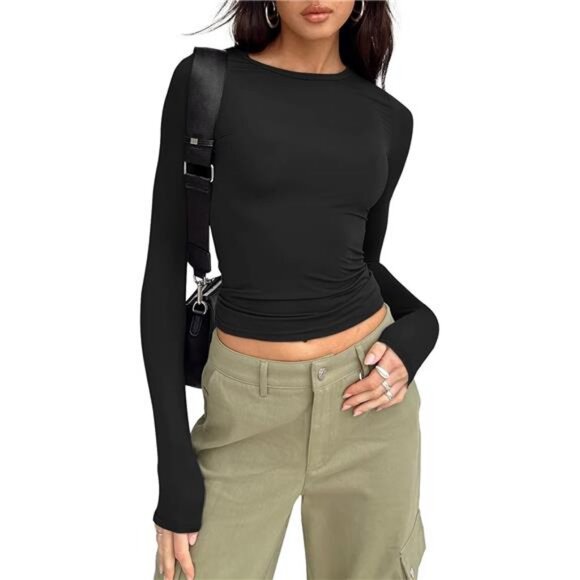 Womens Long Sleeve Shirts Basic Crop Tops Tight Slim Fit Teen Girls Fall Winter - Picture 1 of 7